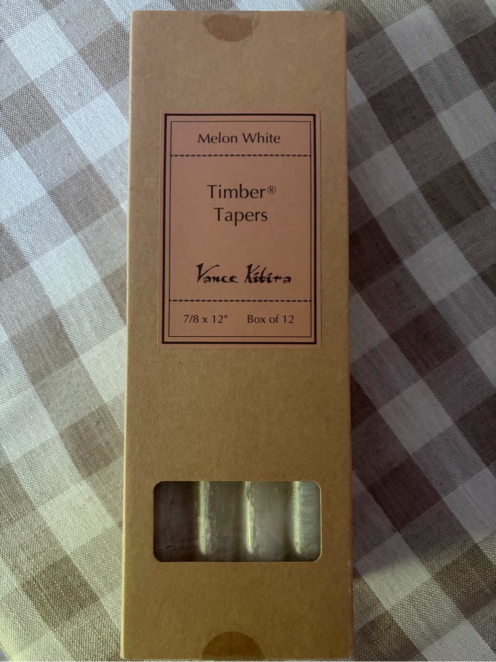 NEW box of 12 large 7/8” x 12” Vance Kitira Timber Tapers - Melon White Candles